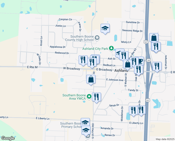 map of restaurants, bars, coffee shops, grocery stores, and more near 111 West Broadway in Ashland