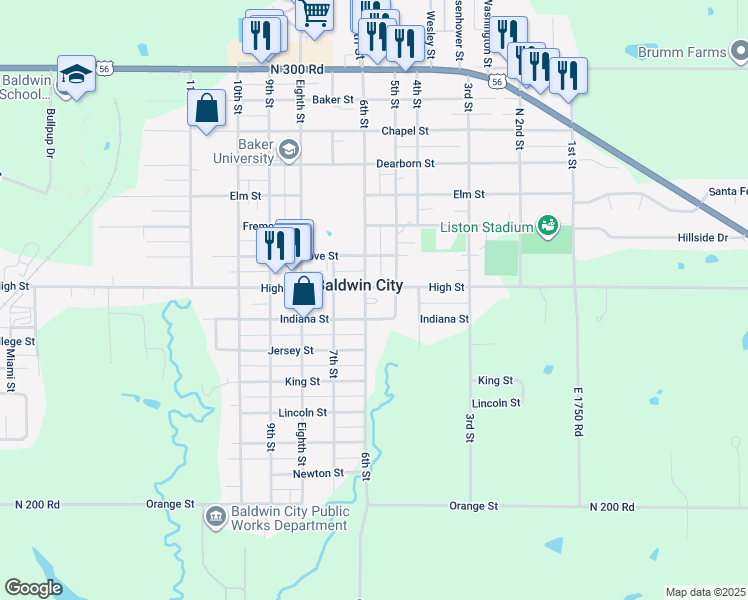 map of restaurants, bars, coffee shops, grocery stores, and more near 520 High Street in Baldwin City