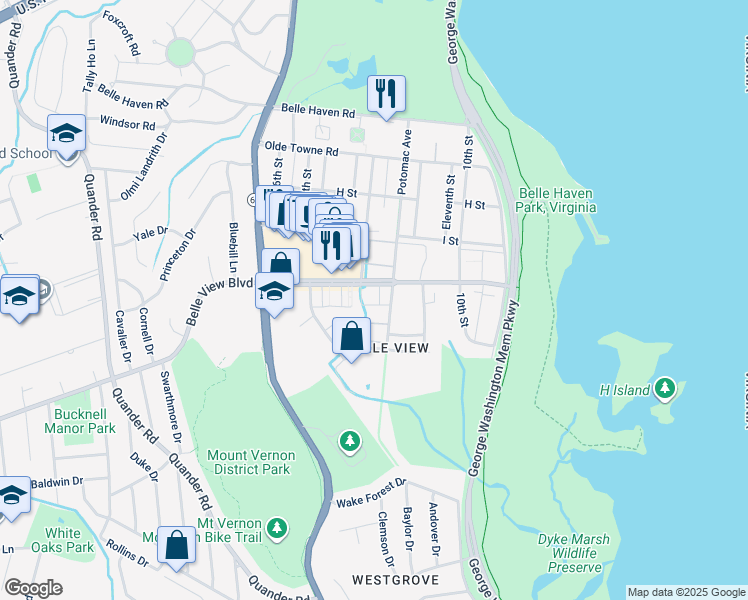 map of restaurants, bars, coffee shops, grocery stores, and more near 1407 Belle View Boulevard in Alexandria