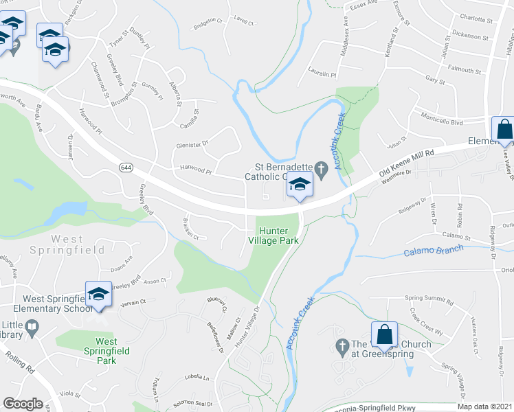 map of restaurants, bars, coffee shops, grocery stores, and more near 6517 Harwood Place in Springfield