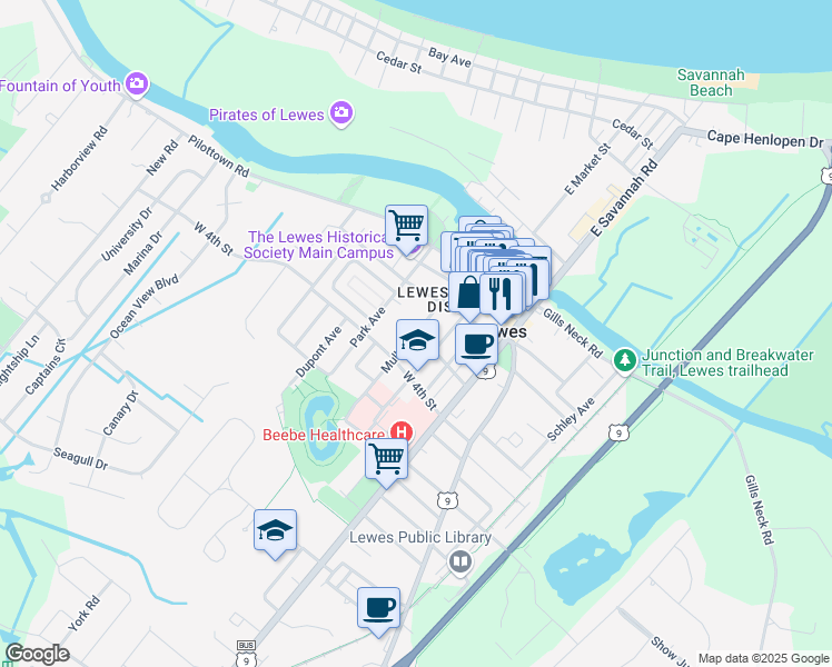 map of restaurants, bars, coffee shops, grocery stores, and more near Mulberry Street in Lewes