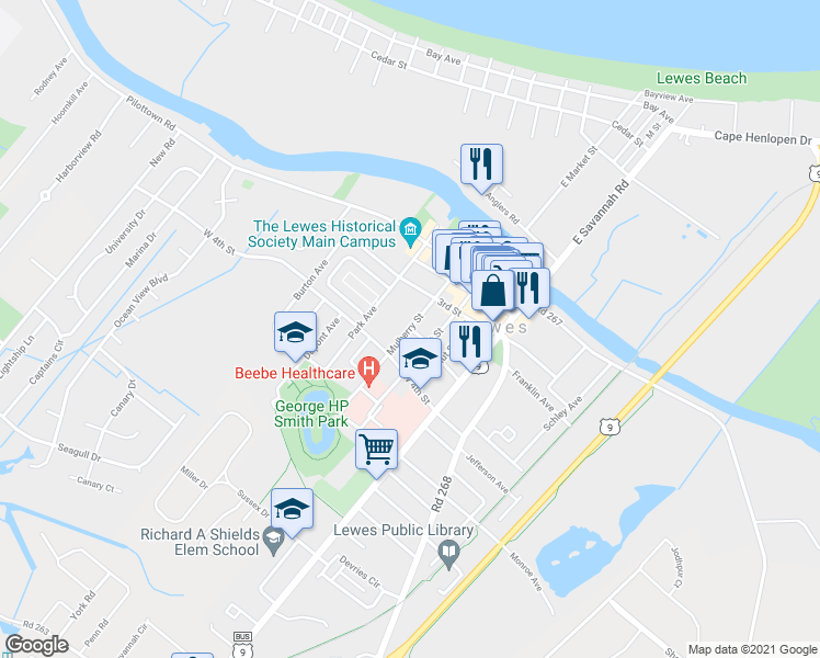 map of restaurants, bars, coffee shops, grocery stores, and more near Mulberry Street in Lewes