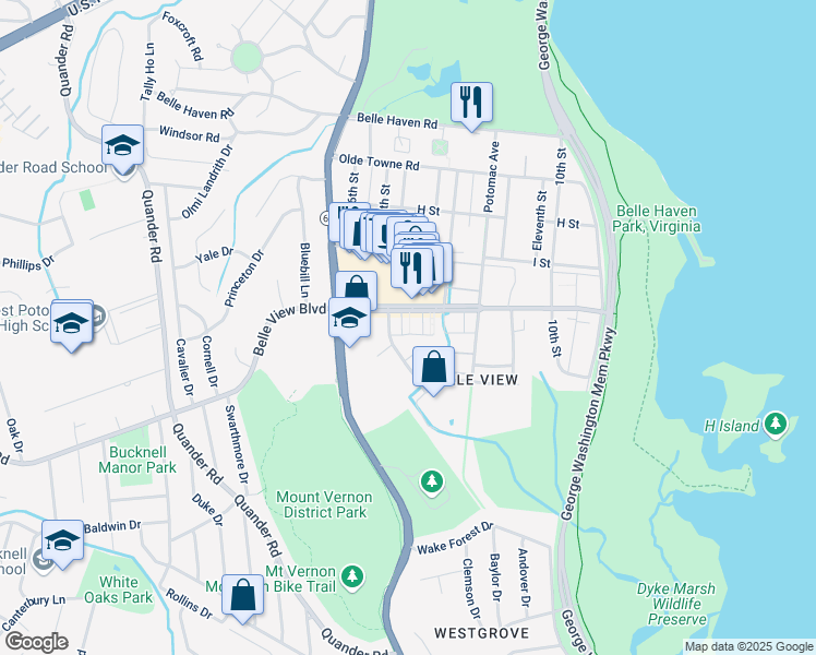 map of restaurants, bars, coffee shops, grocery stores, and more near 1601 Belle View Boulevard in Alexandria