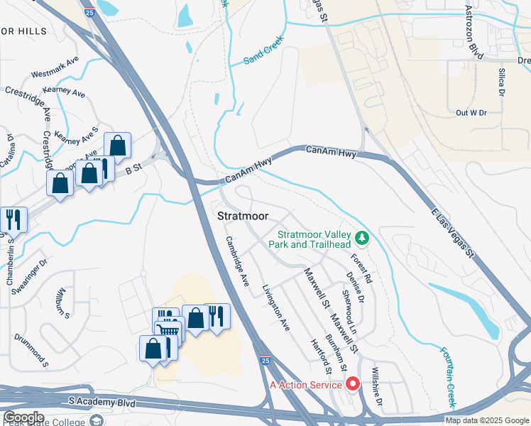 map of restaurants, bars, coffee shops, grocery stores, and more near 43 Forest Road in Colorado Springs