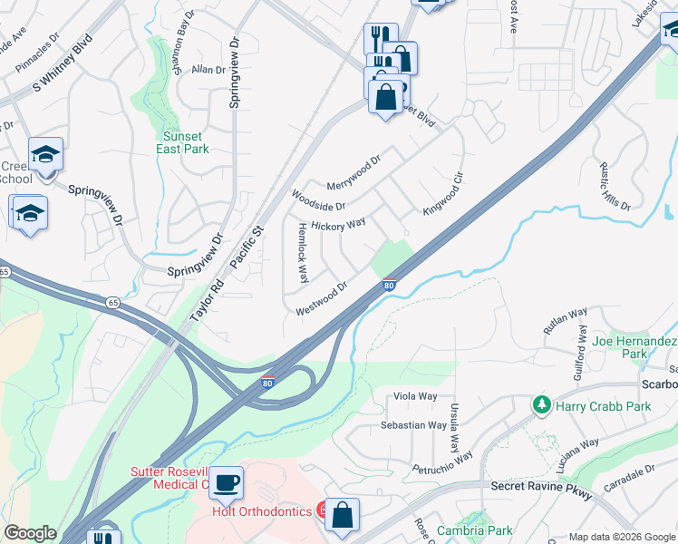 map of restaurants, bars, coffee shops, grocery stores, and more near 6379 Edgewood Way in Rocklin