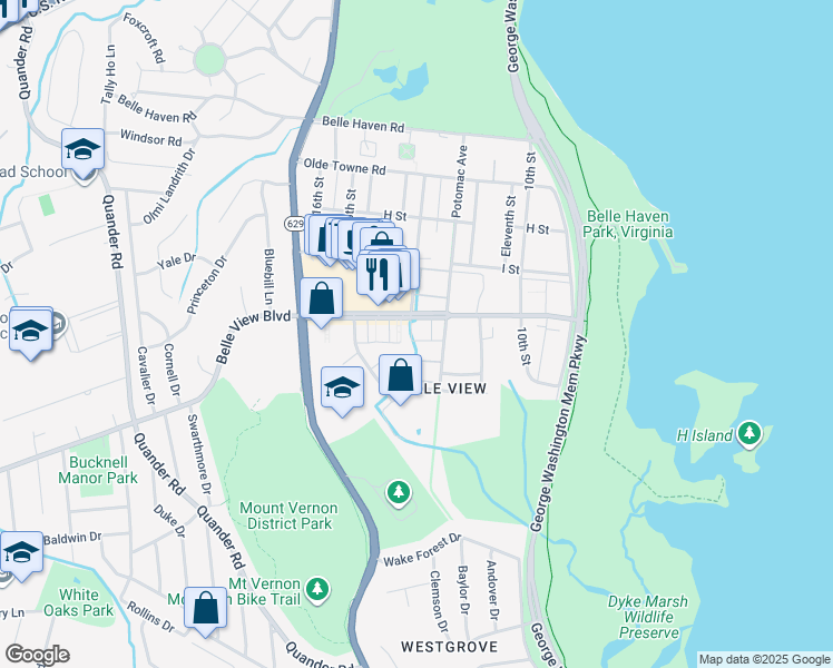map of restaurants, bars, coffee shops, grocery stores, and more near 1413 Belle View Boulevard in Alexandria