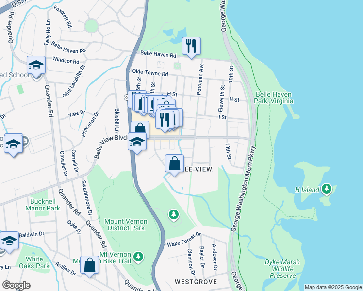 map of restaurants, bars, coffee shops, grocery stores, and more near 1413 Belle View Boulevard in Alexandria
