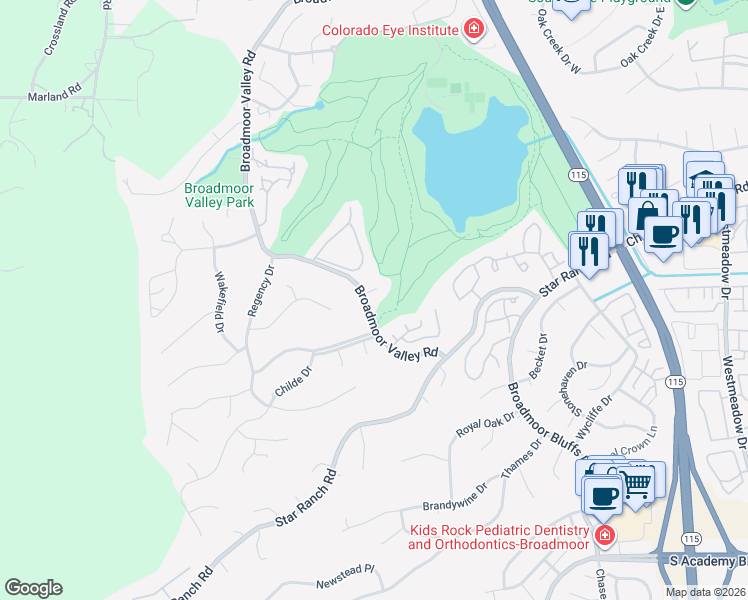 map of restaurants, bars, coffee shops, grocery stores, and more near 20 Golf Gate Lane in Colorado Springs