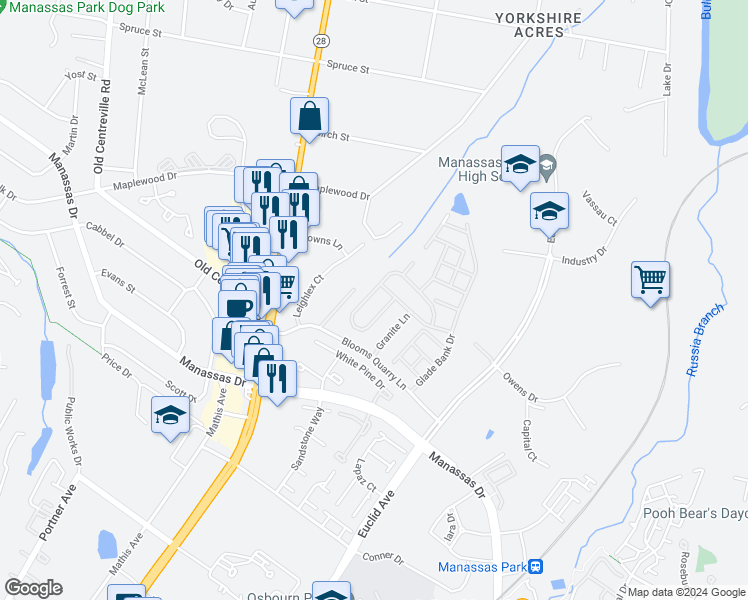 map of restaurants, bars, coffee shops, grocery stores, and more near 8082 Towering Oak Way in Manassas