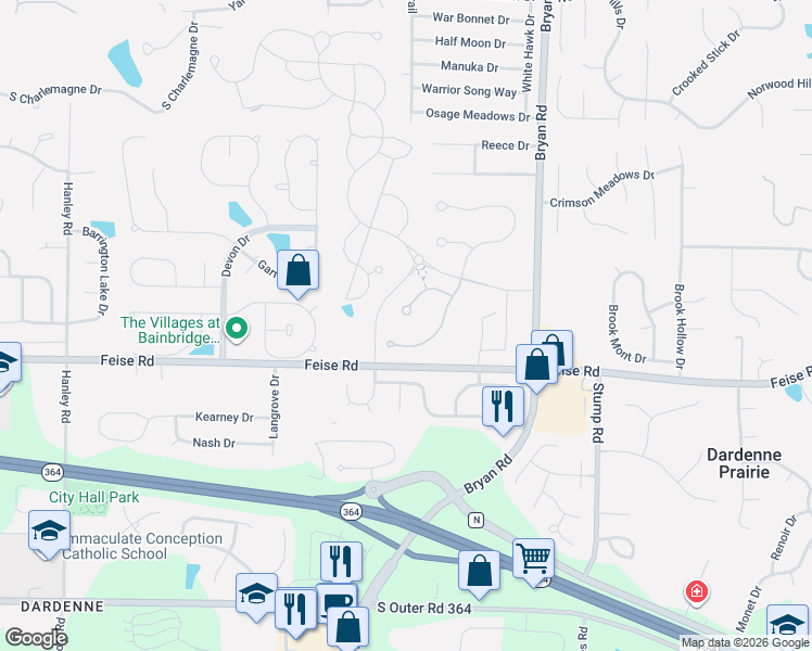 map of restaurants, bars, coffee shops, grocery stores, and more near 100 Grand Inverness Parkway in Dardenne Prairie