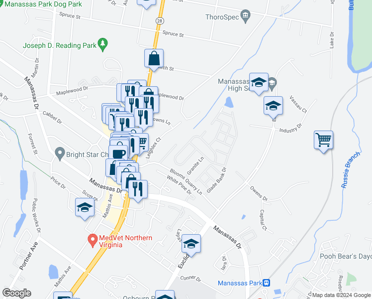 map of restaurants, bars, coffee shops, grocery stores, and more near 8082 Towering Oak Way in Manassas