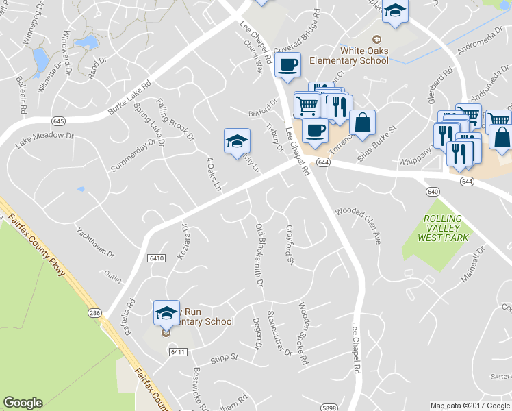 map of restaurants, bars, coffee shops, grocery stores, and more near 9607 Villagesmith Way in Burke