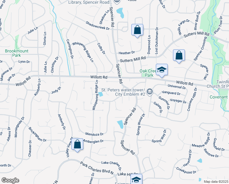 map of restaurants, bars, coffee shops, grocery stores, and more near 7 Rustic Meadow Court in St. Peters