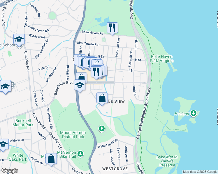 map of restaurants, bars, coffee shops, grocery stores, and more near 1407 Belle View Boulevard in Alexandria