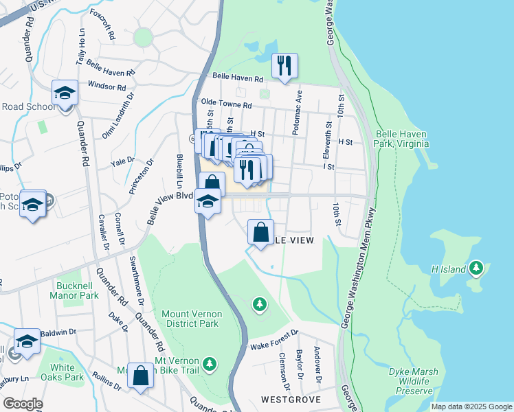 map of restaurants, bars, coffee shops, grocery stores, and more near 1509 Belle View Boulevard in Alexandria
