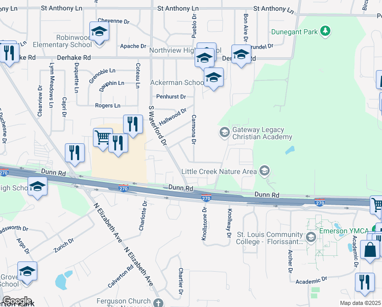 map of restaurants, bars, coffee shops, grocery stores, and more near 1365 Carmona Drive in Florissant