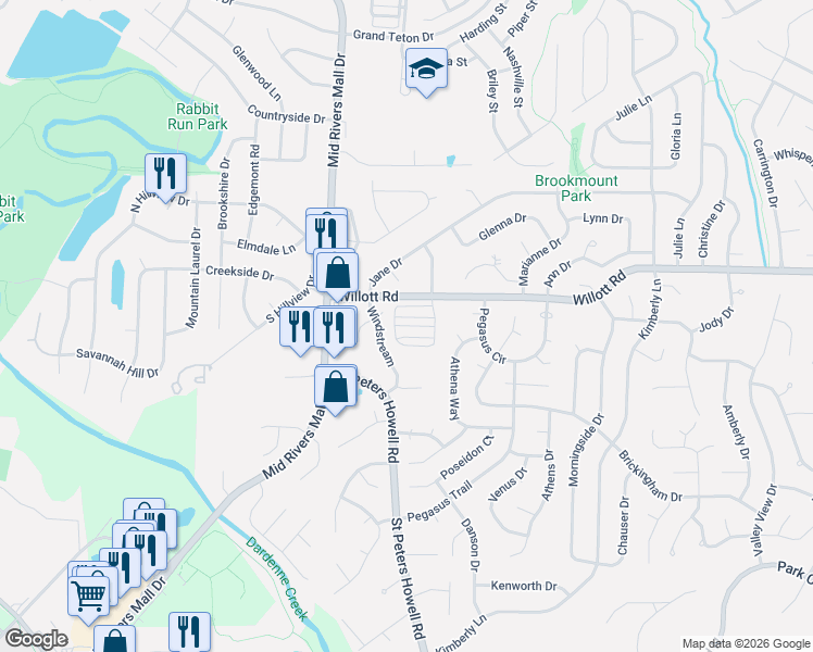 map of restaurants, bars, coffee shops, grocery stores, and more near Candice Way in St. Peters