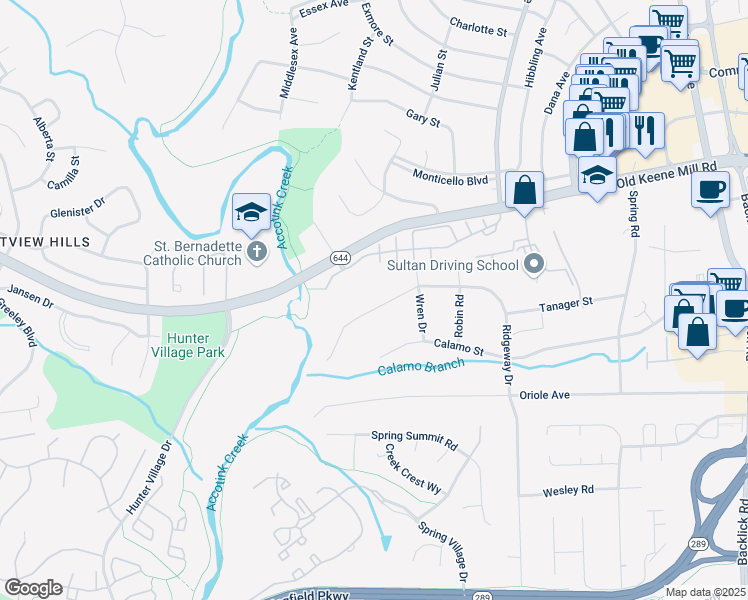 map of restaurants, bars, coffee shops, grocery stores, and more near 6621 Ridgeway Drive in Springfield