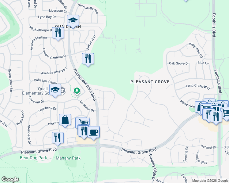 map of restaurants, bars, coffee shops, grocery stores, and more near 1843 Sunningdale Drive in Roseville