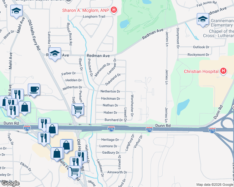 map of restaurants, bars, coffee shops, grocery stores, and more near 2519 Netherton Drive in St. Louis