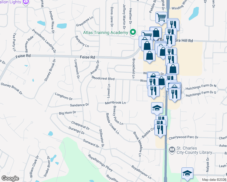 map of restaurants, bars, coffee shops, grocery stores, and more near 2418 Lowell Lane in O'Fallon