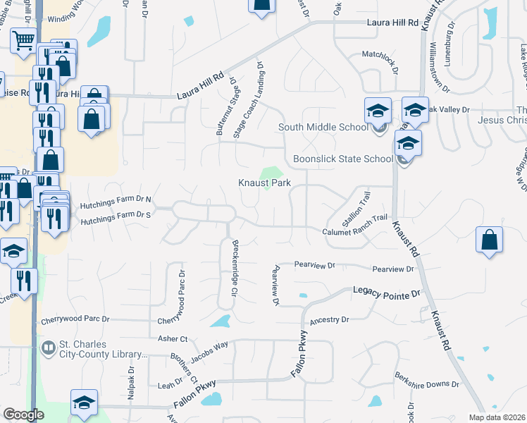 map of restaurants, bars, coffee shops, grocery stores, and more near 12 Calumet Meadows Court in St. Peters