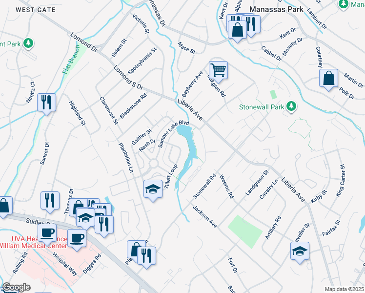 map of restaurants, bars, coffee shops, grocery stores, and more near 8317 Tillett Loop in Manassas