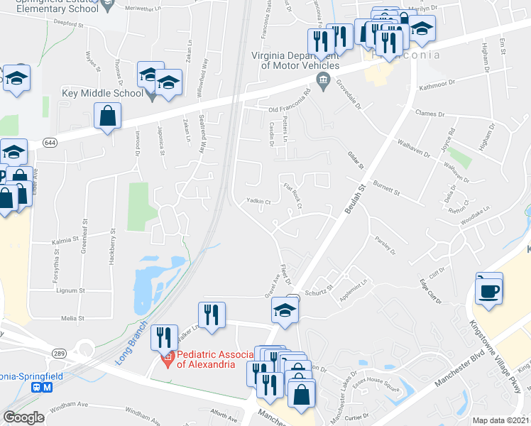 map of restaurants, bars, coffee shops, grocery stores, and more near 6535 Yadkin Court in Alexandria