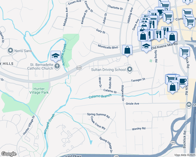 map of restaurants, bars, coffee shops, grocery stores, and more near 6636 Ridgeway Drive in Springfield