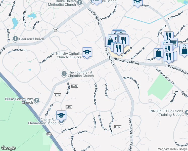 map of restaurants, bars, coffee shops, grocery stores, and more near 9607 Villagesmith Way in Burke