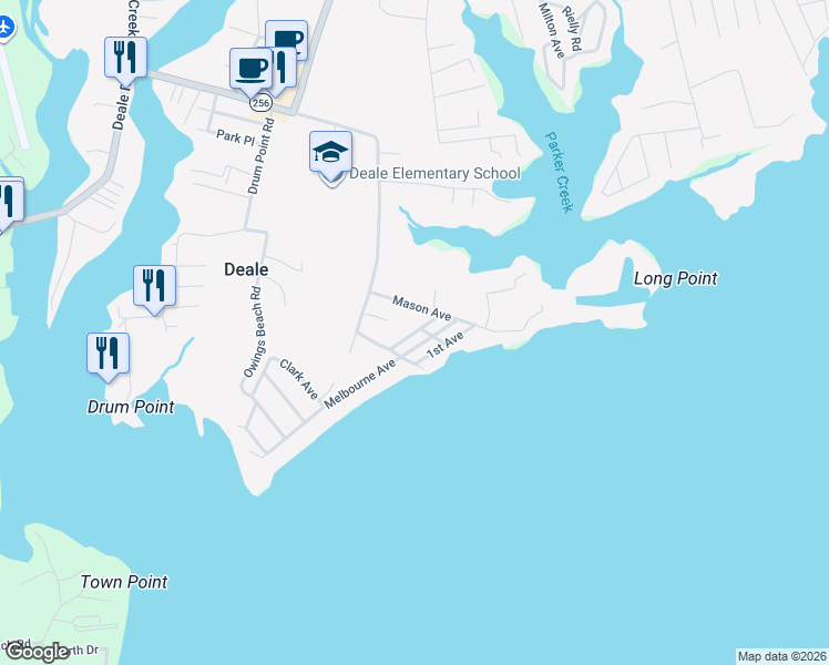 map of restaurants, bars, coffee shops, grocery stores, and more near Allwine Avenue in Deale