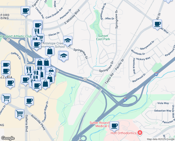 map of restaurants, bars, coffee shops, grocery stores, and more near 6424 Rainier Court in Rocklin