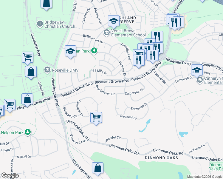 map of restaurants, bars, coffee shops, grocery stores, and more near 133 Valleywood Way in Roseville
