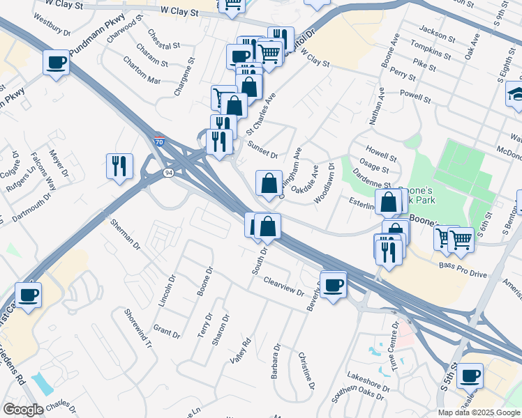 map of restaurants, bars, coffee shops, grocery stores, and more near 1650 Boone's Lick Road in Saint Charles