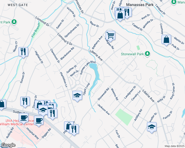 map of restaurants, bars, coffee shops, grocery stores, and more near 8317 Tillett Loop in Manassas