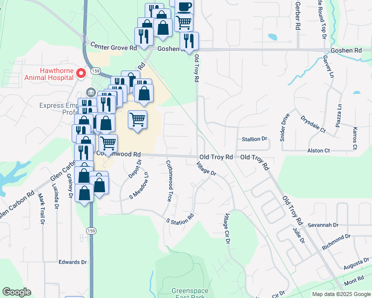 map of restaurants, bars, coffee shops, grocery stores, and more near 417 Orchard View Court in Glen Carbon