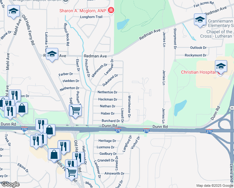 map of restaurants, bars, coffee shops, grocery stores, and more near 2508 Netherton Drive in St. Louis