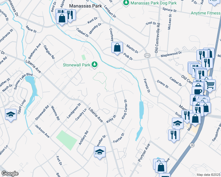 map of restaurants, bars, coffee shops, grocery stores, and more near 8444 Kirby Street in Manassas