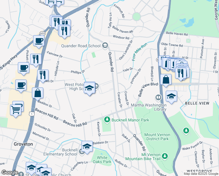 map of restaurants, bars, coffee shops, grocery stores, and more near 6614 Quander Road in Alexandria