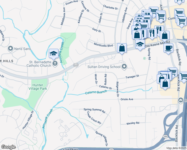 map of restaurants, bars, coffee shops, grocery stores, and more near 6636 Ridgeway Drive in Springfield