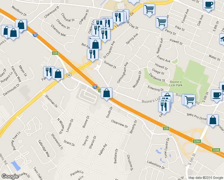 map of restaurants, bars, coffee shops, grocery stores, and more near 1613 Boone's Lick Road in Saint Charles