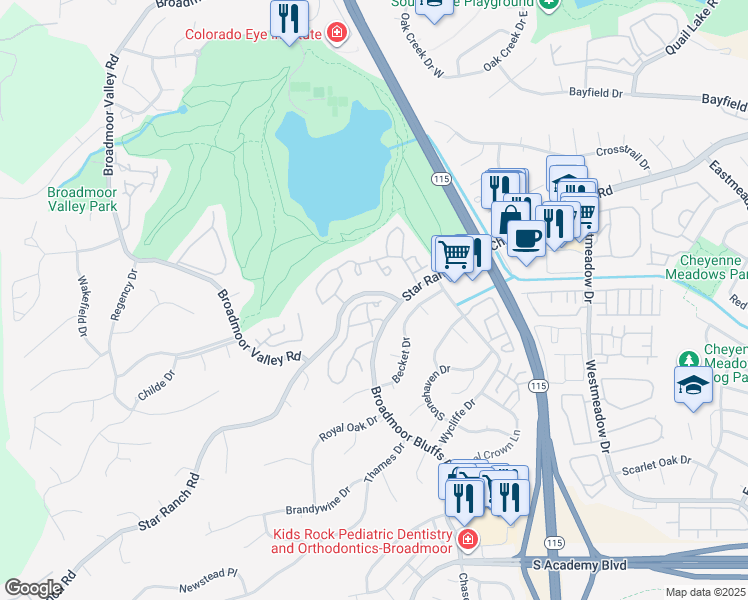 map of restaurants, bars, coffee shops, grocery stores, and more near 420 Autumn Ridge Circle in Colorado Springs