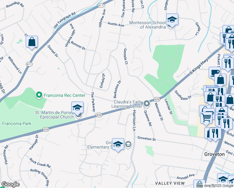 map of restaurants, bars, coffee shops, grocery stores, and more near 6605 Berkshire Drive in Alexandria