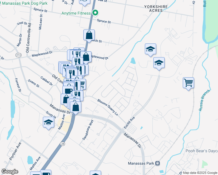 map of restaurants, bars, coffee shops, grocery stores, and more near 8086 Towering Oak Way in Manassas