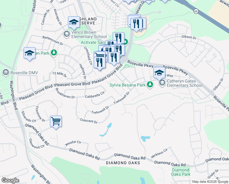 map of restaurants, bars, coffee shops, grocery stores, and more near 557 Shelby Ranch Lane in Roseville