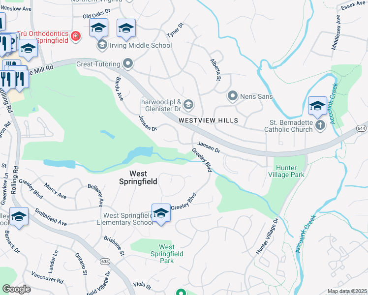 map of restaurants, bars, coffee shops, grocery stores, and more near 7903 Jansen Drive in Springfield