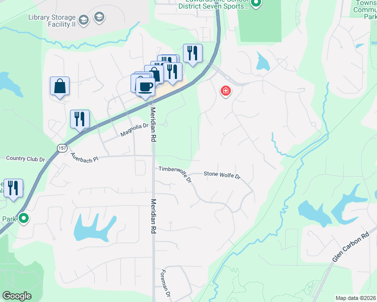 map of restaurants, bars, coffee shops, grocery stores, and more near 80 Ginger Creek Parkway in Glen Carbon