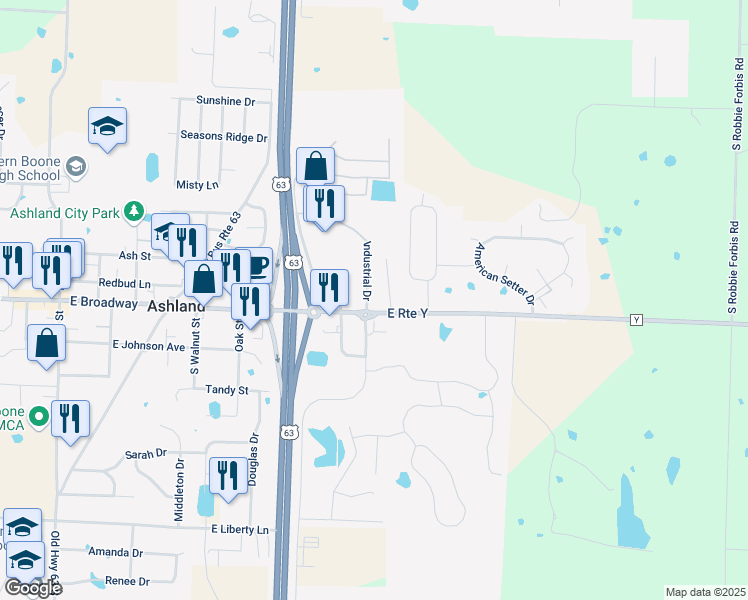 map of restaurants, bars, coffee shops, grocery stores, and more near 103 Industrial Drive in Ashland