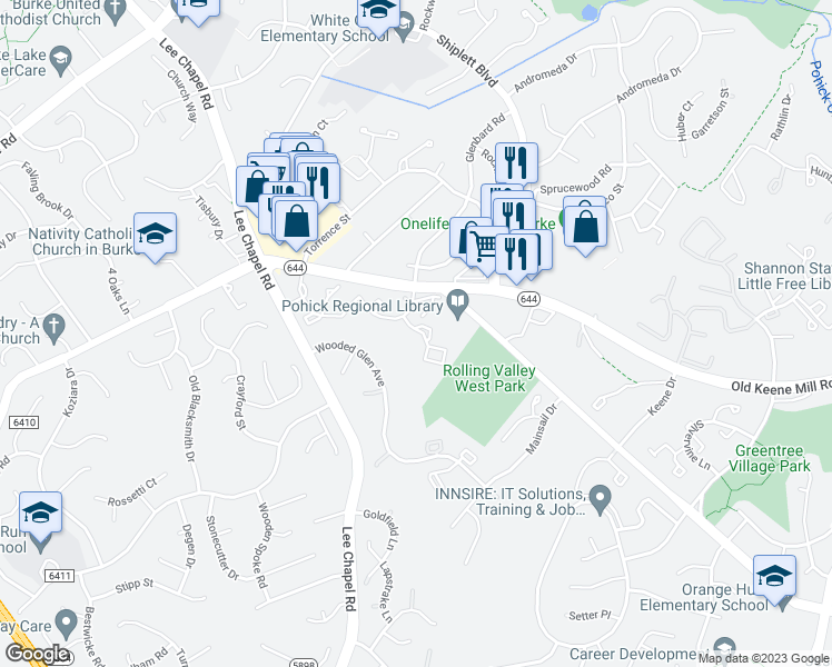 map of restaurants, bars, coffee shops, grocery stores, and more near 9389 Peter Roy Court in Burke