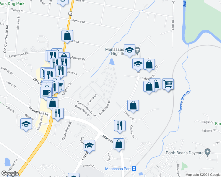 map of restaurants, bars, coffee shops, grocery stores, and more near 8105 Hard Shale Road in Manassas